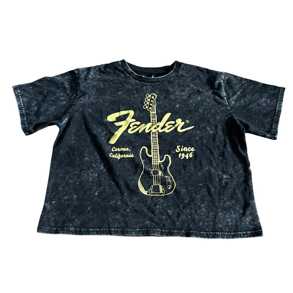 Fender Women Acid Wash Crop Tee XL Black Vintage Rocker Guitar Shirt Acid Wash